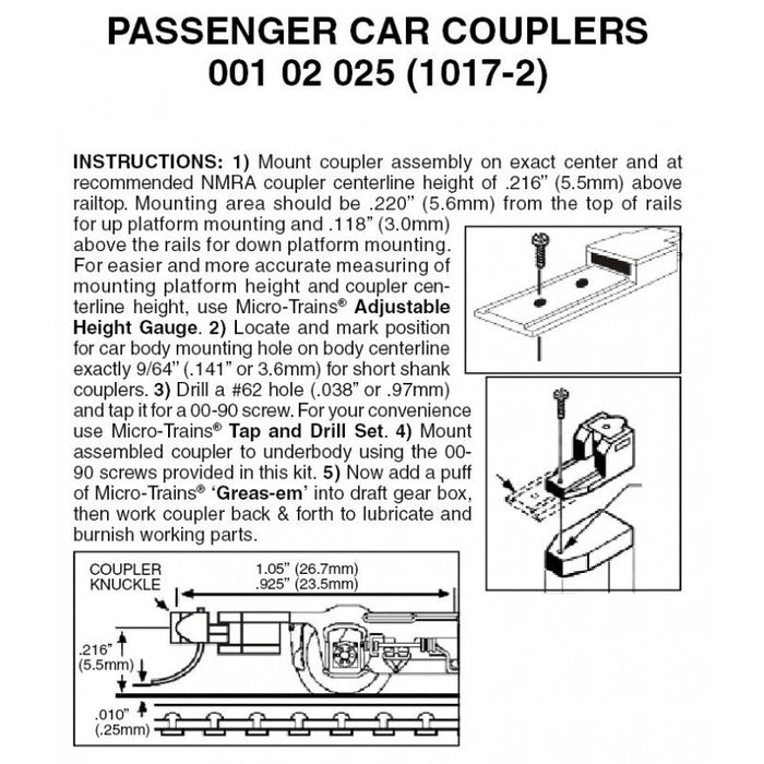 MICRO-TRAINS 001 02 025 (1017-2) N Gauge Passenger Car Couplers Assembled