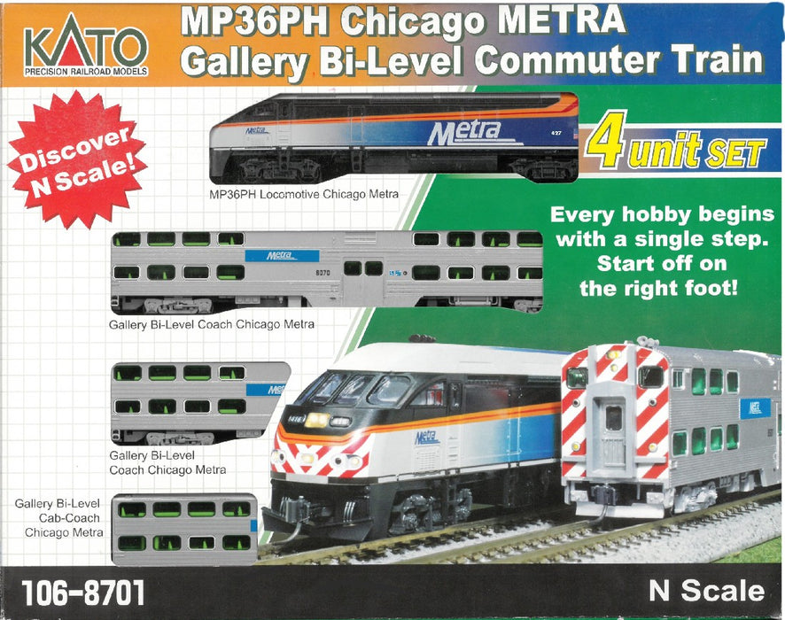 Kato 106-8701 N MP36PH Chicago METRA Gallery Bi-Level Commuter Train "Starter Series" 4-Car Set