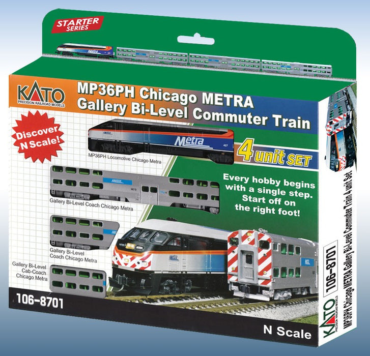 Kato 106-8701 N MP36PH Chicago METRA Gallery Bi-Level Commuter Train "Starter Series" 4-Car Set