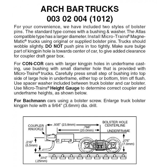 Micro-Trains 003 02 004 (1012) ARCH BAR TRUCKS WITH LONG EXTENSION COUPLERS ONE PAIR