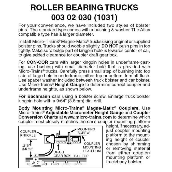MICRO-TRAINS 003 02 030 (1031) Roller Bearing Trucks w/o couplers (1pair)