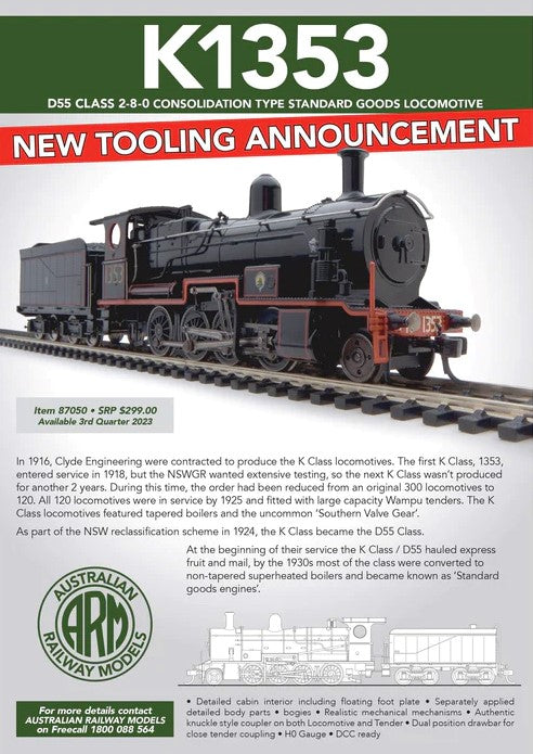 Australian Railway Models 87050 D55 Class 2-8-0 Steam Locomotive #1353