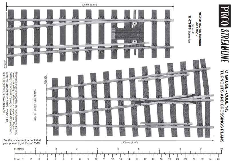 Peco SL-E792FB Flat Bottom O Gauge Left Hand Turnout - Medium Radius