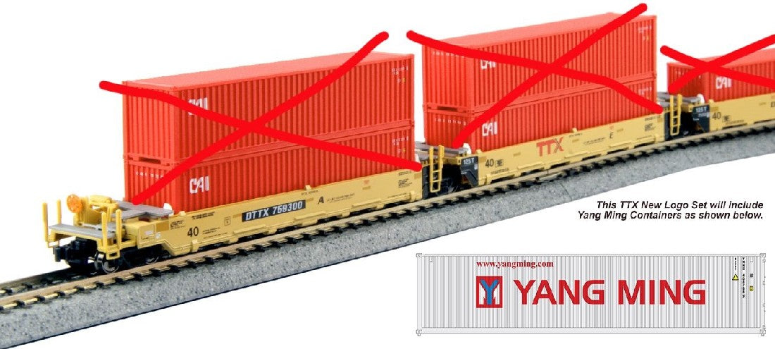 Kato 106-6212 GUNDERSON MAXI-I DOUBLE STACK CAR 5 UNIT SET TTX NEW LOGO #759364 WITH YANG MING CONTAINERS