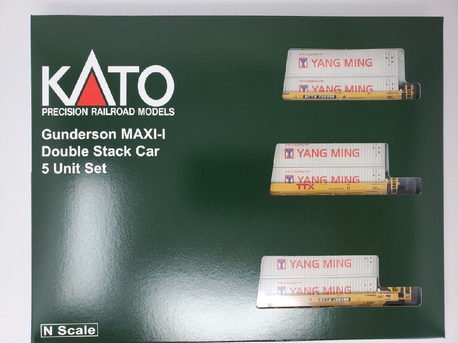 Kato 106-6212 GUNDERSON MAXI-I DOUBLE STACK CAR 5 UNIT SET TTX NEW LOGO #759364 WITH YANG MING CONTAINERS