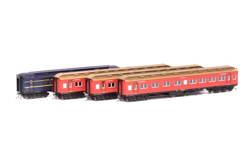 Auscision VPS-34 VR Commuter Cars Carraiges - VR Red with Blue CE Baggage Car (4 Car Pack. Included Cars: 58-BES, 57-BES, 45-BEL, 19-CE)