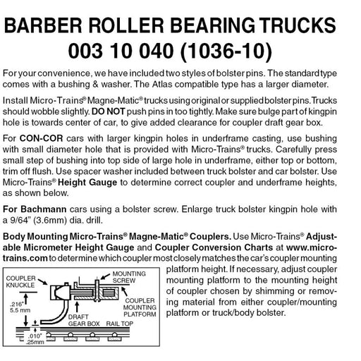 Micro-Trains 003 10 040 (1036-10) N Scale Barber Roller Bearing Trucks w/o couplers (10pairs)