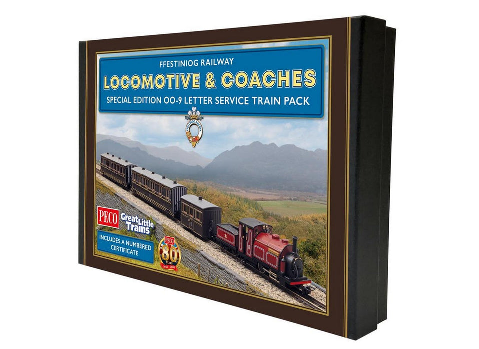 PECO GR-1006 OO9 Gauge Ffestiniog Railway Train Pack - "Little Giant" Locomotive with 3 Passenger Cars