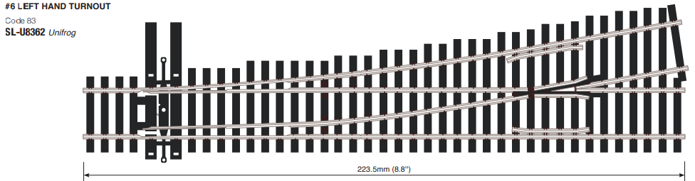 Peco SL-U8362 Unifrog Turnout, 6th Radius, Left Hand