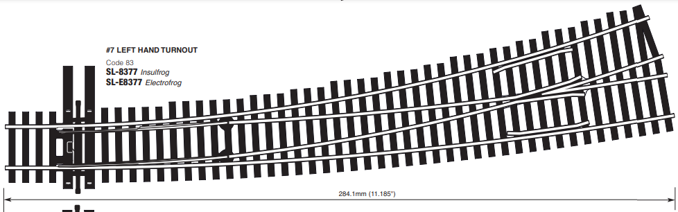 Peco SL-E8377 Curved Turnout, #7 Radius, Left Hand