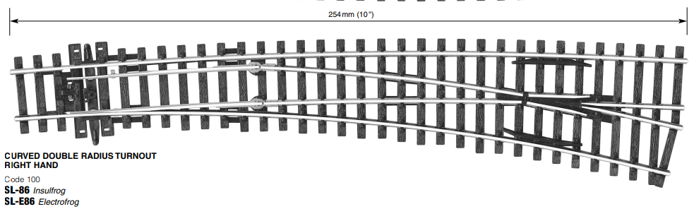 Peco SL-E86 Curved Turnout, Large Radius, Right Hand
