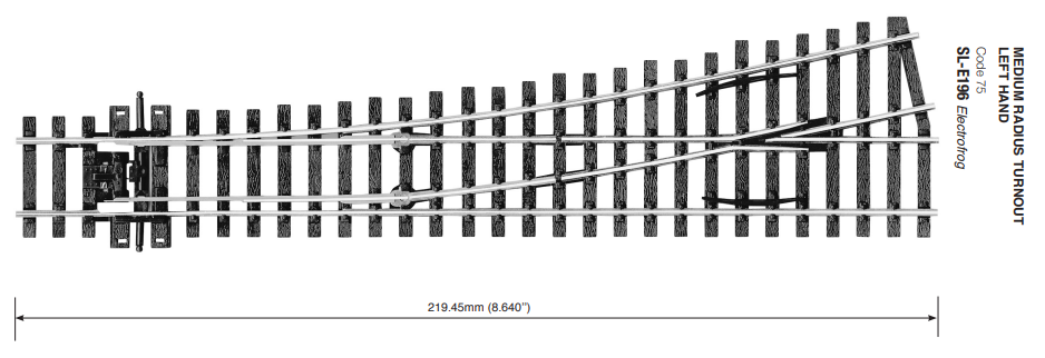 Peco SL-E196 Turnout, Medium Radius, Left Hand