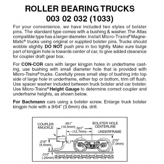 Micro-Trains 003 02 032 (1033) Roller Bearing Trucks - medium extension couplers (1 pair)