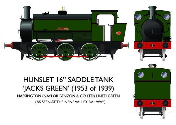 Rapido 903505 16" Hunslet "Jacks Green Nassington Lined Green with DCC Sound Steam Locomotive