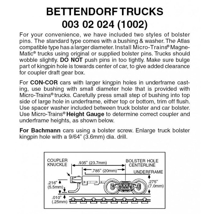 MICRO-TRAINS 003 02 024 (1002) N Gauge Bettendorf Trucks with long extension couplers