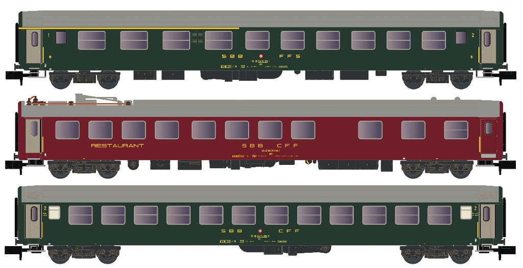 Kato 23013 SBB RIC Old Logo Passenger Cars - 3-Car Set