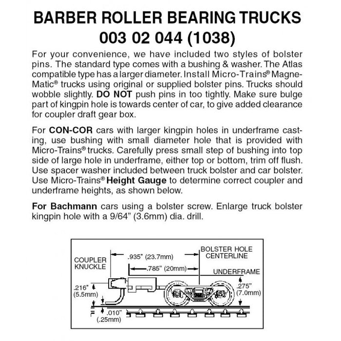 MICRO-TRAINS 003 02 044 (1038) N Gauge Barber Roller Bearing Trucks with long extension couplers