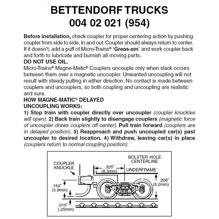 Micro-Trains 004 02 021 (954) Z SCALE BETTENDORF TRUCKS WITH SHORT EXTENSION COUPLER ONE PAIR