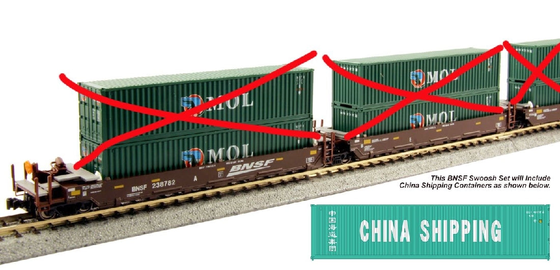 Kato 106-6210 GUNDERSON MAXI-I DOUBLE STACK CAR 5 UNIT SET BNSF SWOOSH LOG #238043 WITH CHINA SHIPPING CONTAINERS