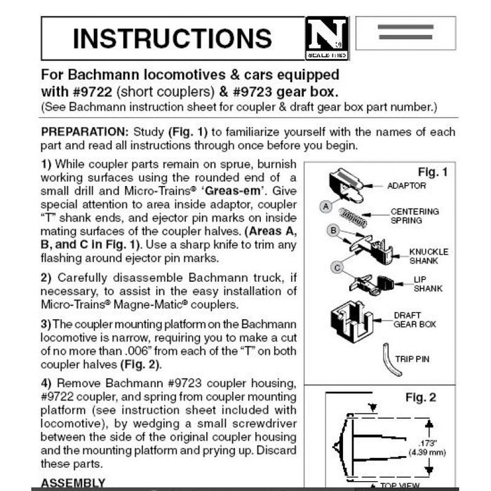 MICRO-TRAINS 001 33 030 (1133) Bachmann N Gauge Medium Shank Coupler Assemblies with Adaptors