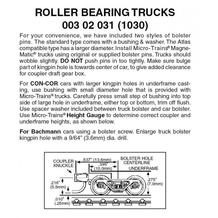 MICRO-TRAINS 003 02 031 (1030) Roller Bearing Trucks with short extension couplers
