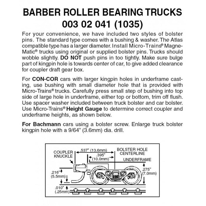 MICRO-TRAINS 003 02 041 (1035) Barber Roller Bearing Trucks with short extension couplers