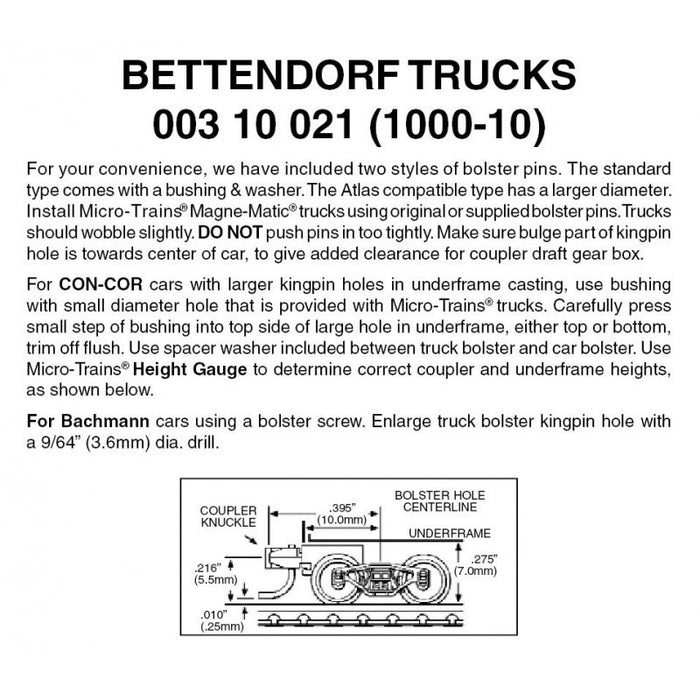 MICRO-TRAINS 003 10 021 (1000-10) Bettendorf Trucks with short extension couplers