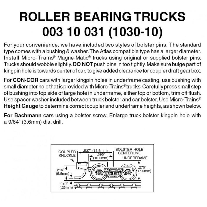 MICRO-TRAINS 003 10 031 (1030-10) Roller Bearing Trucks with short extension couplers