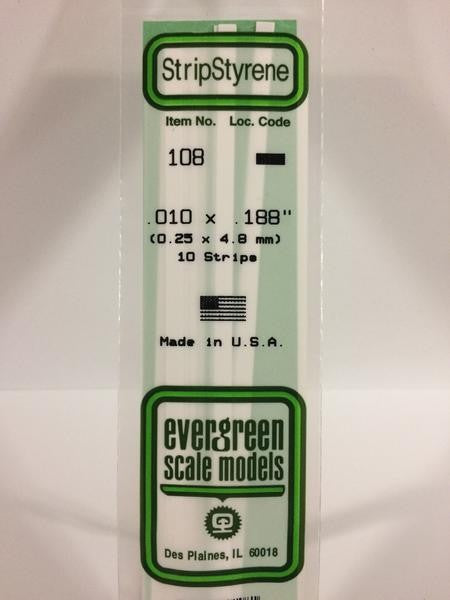 EVERGREEN 108 - .010" X .188" OPAQUE WHITE POLYSTYRENE STRIP