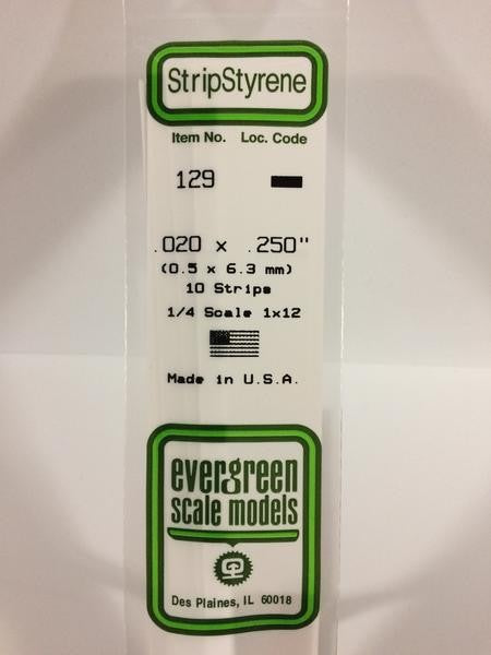 EVERGREEN 129 - .020" X .250" OPAQUE WHITE POLYSTYRENE STRIP