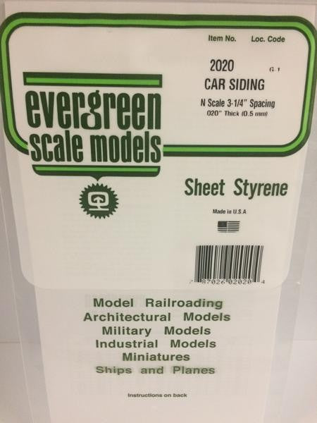 EVERGREEN 2020 C/SIDE 020" OPAQUE WHITE POLYSTYRENE N SCALE FREIGHT CAR SIDING